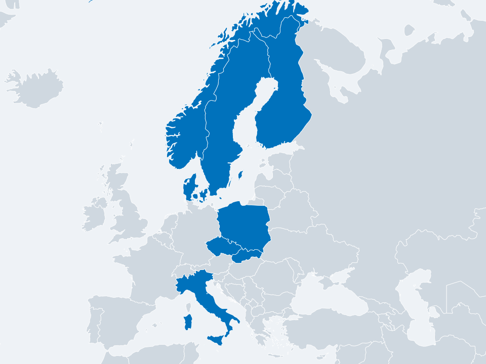 Mapa Europy z zaznaczonymi krajami objętymi serwisem SixTech: Polska, Dania, Słowacja, Szwecja, Norwegia, Włochy, Czechy, Finlandia